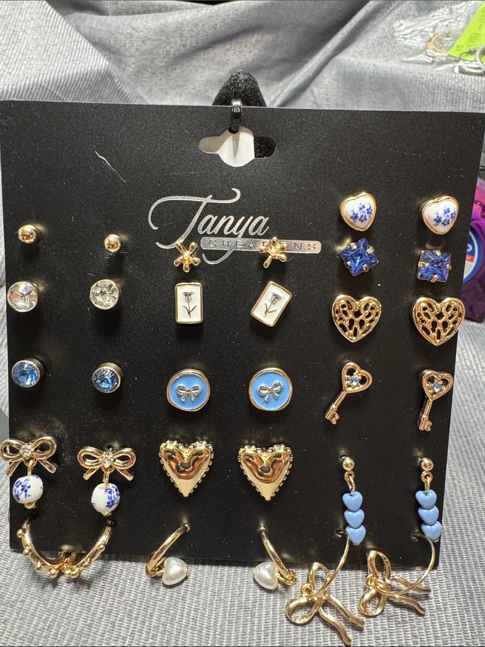 Gold & Blue Mixed Earring Set - 15 Pairs